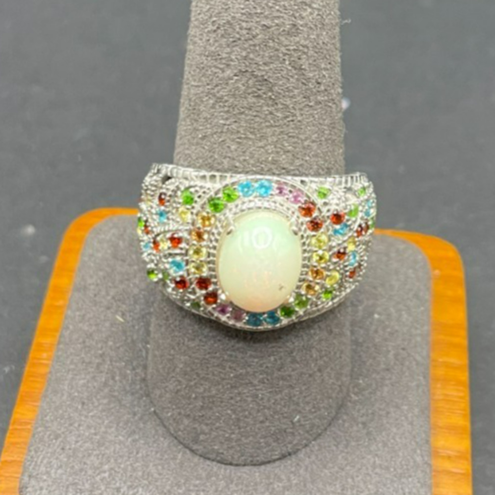 STS 925 Sterling Silver Opal Multi Color Gemstone Statement Ring Size 9.75